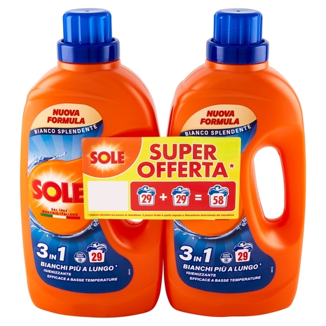 Sole Detersivo lavatrice Bianco Splendente 58 lavaggi 2 x 1,305 L